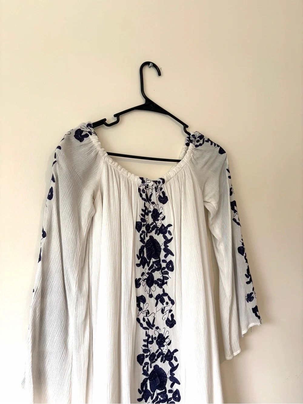 Tobi Off-Shoulder White Dress with Blue Embroidered Trim - Picture 3 of 6